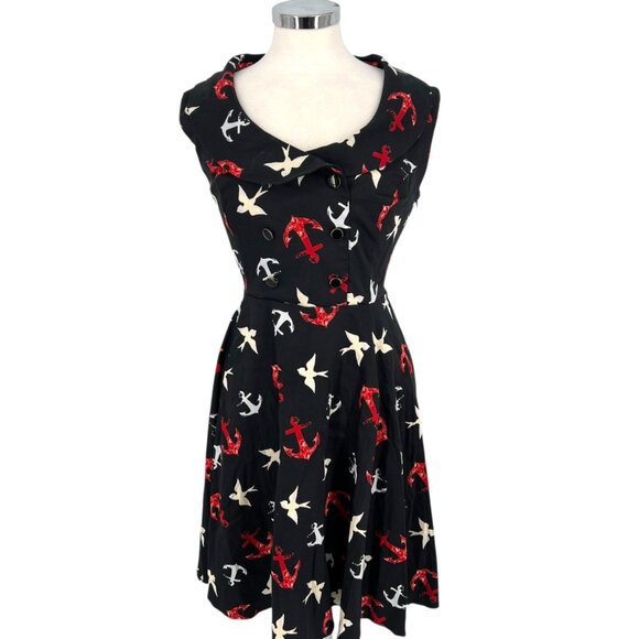 Hearts & Roses Black Nautical-Themed Dress Anchor Swallow Print Size 12 NWT - Picture 1 of 15